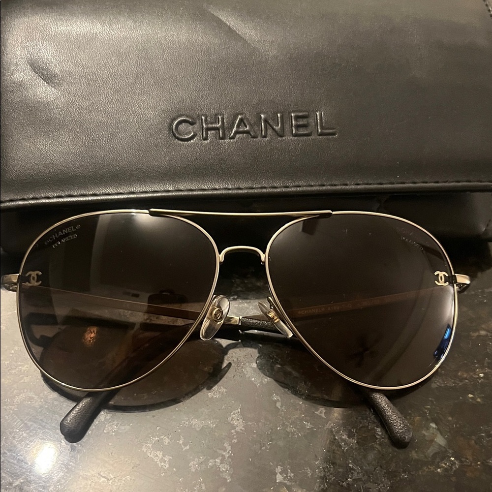 CHANEL Silver and Brown Aviator Sunglasses